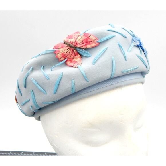 Vintage Womens Felt Beret Hat Blue Butterfly Applique Meyer Brothers Raffia main image 9